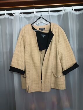 Premise Tan Open-Front Textured Jacket with Black Trim